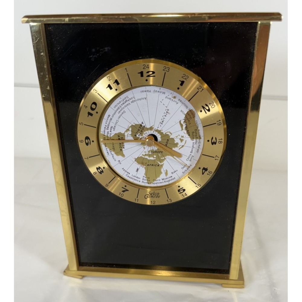 Selco Geneve 7" Gold Rectangle Desk/Mantle World Map Clock Vintage TESTED - Picture 1 of 8